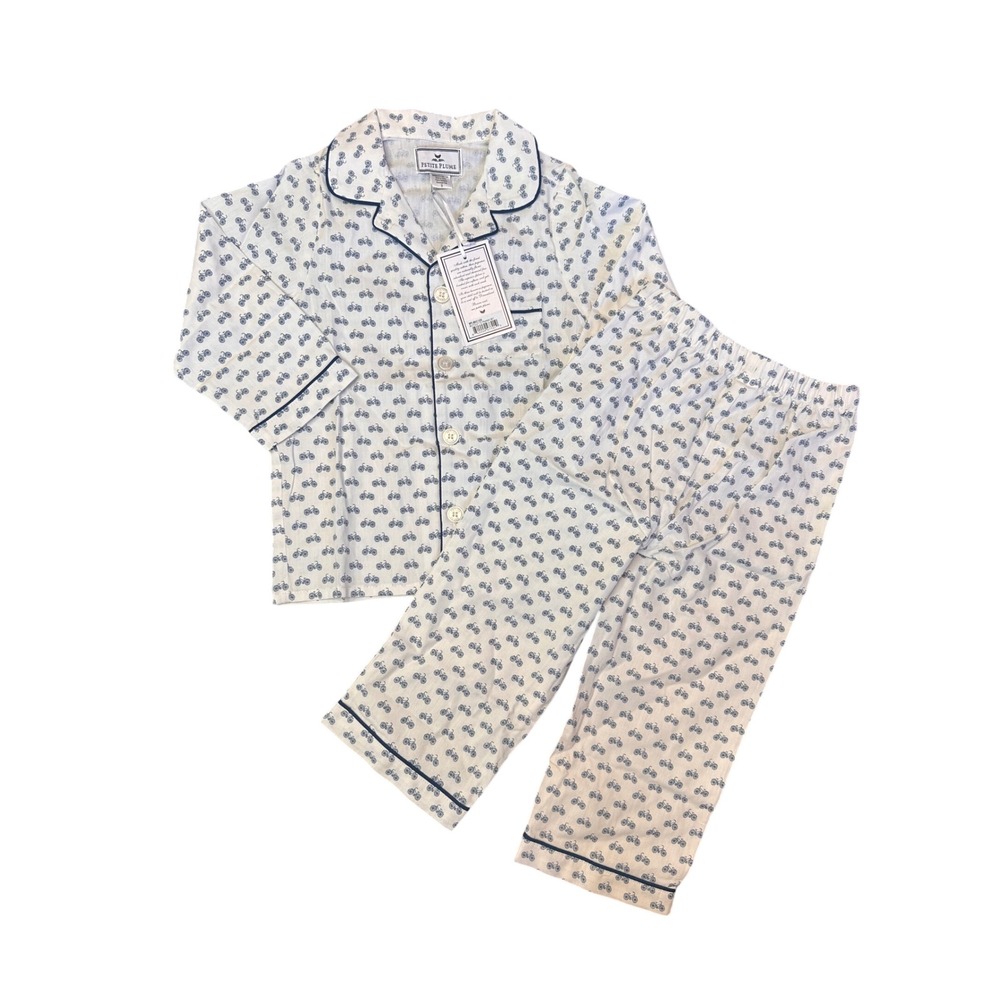 Petite Plume Boys Bicyclette Pajama Set White Navy Blue Bicycle Print Size 3 NEW